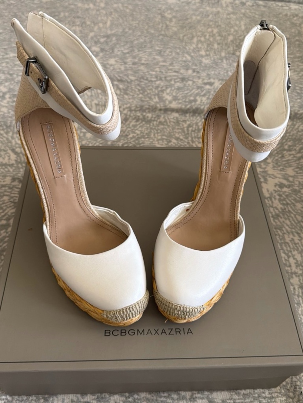 BCBGMaxAzria White Espadrille Wedge Sandals with Ankle Wrap